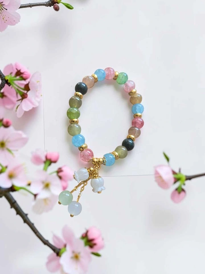 Colourful Pastel Beaded Bracelet w/ Gold Spacers & Lily Charms - photo 4