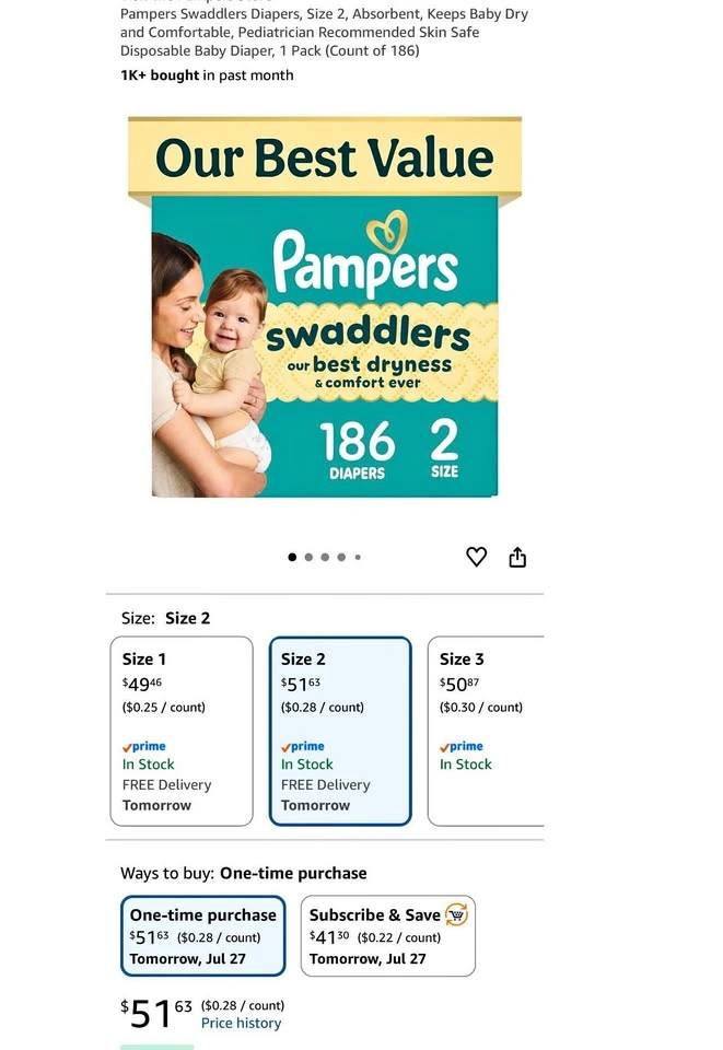 Pampers Swaddlers Diapers Size 2 (186 Count)
