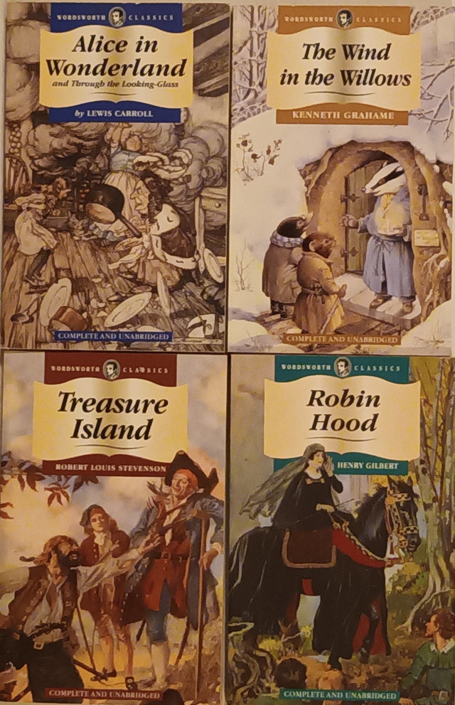 4 Wordsworth Classics Books Alice Wonderland, Treasure Island
