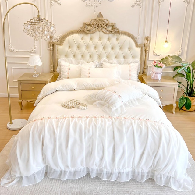 NEW 3PCS Ruffle Lace Duvet Cover King Size, Chic Soft Microfiber