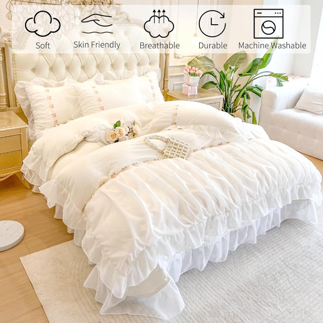 NEW 3PCS Ruffle Lace Duvet Cover King Size, Chic Soft Microfiber - photo 2