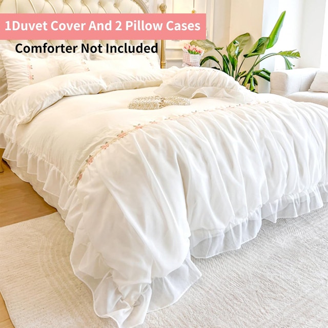 NEW 3PCS Ruffle Lace Duvet Cover King Size, Chic Soft Microfiber - photo 3