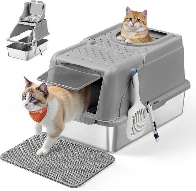 NEW Feandrea Stainless Steel Cat Litter Box with Flip Lid, XL