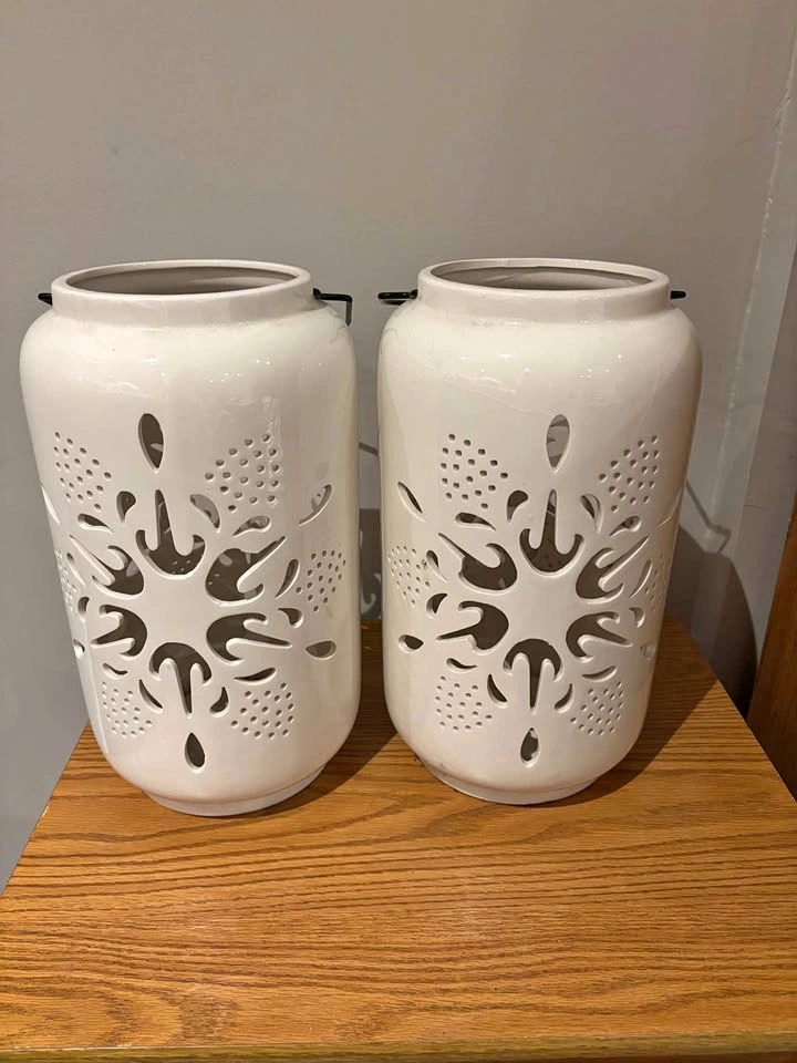 Pair of White Ceramic Cutout Lanterns