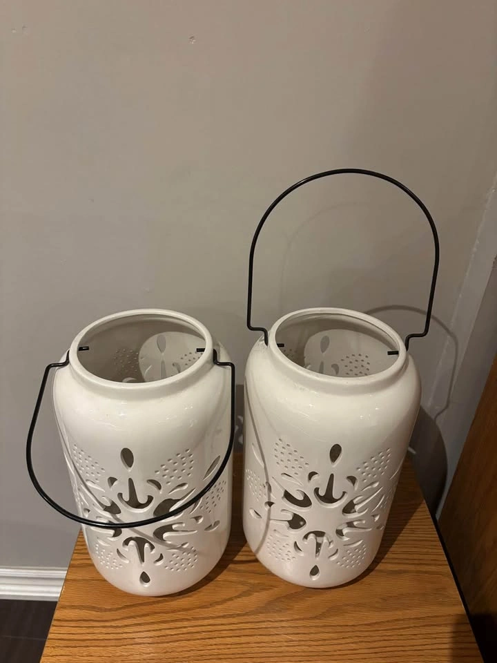 Pair of White Ceramic Cutout Lanterns - photo 2