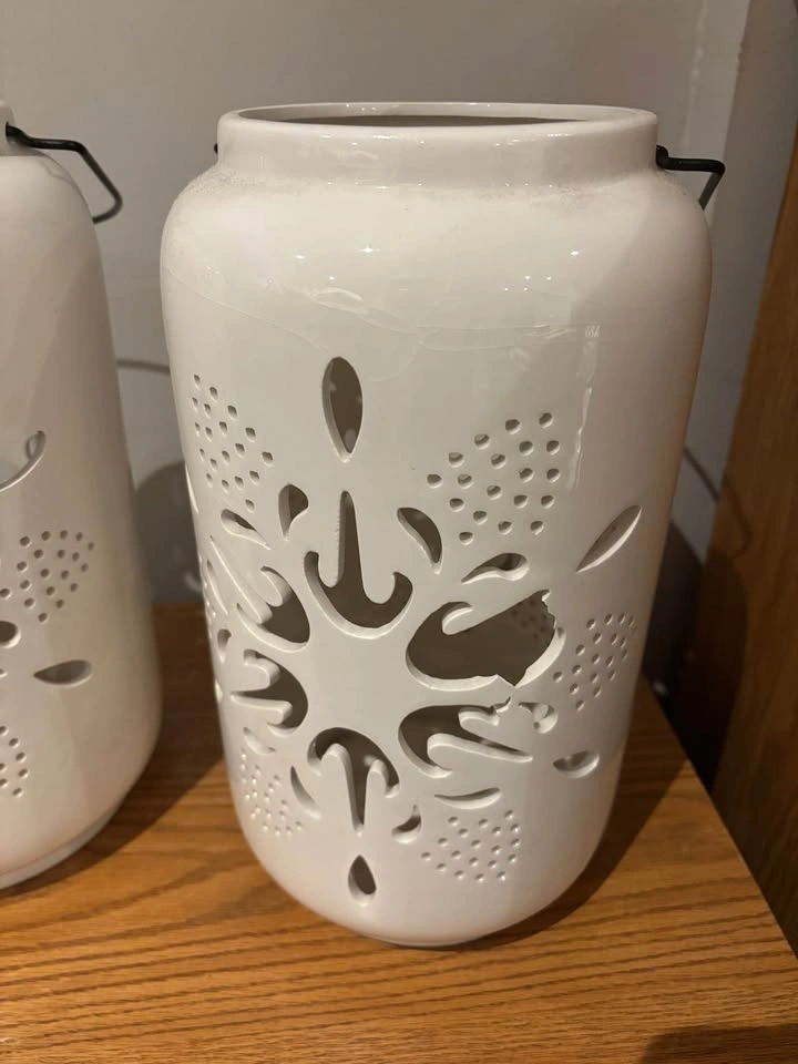 Pair of White Ceramic Cutout Lanterns - photo 3
