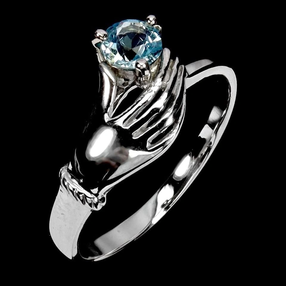 Claddagh Sky Blue Topaz Hand Ring 14K White Plated Size 7