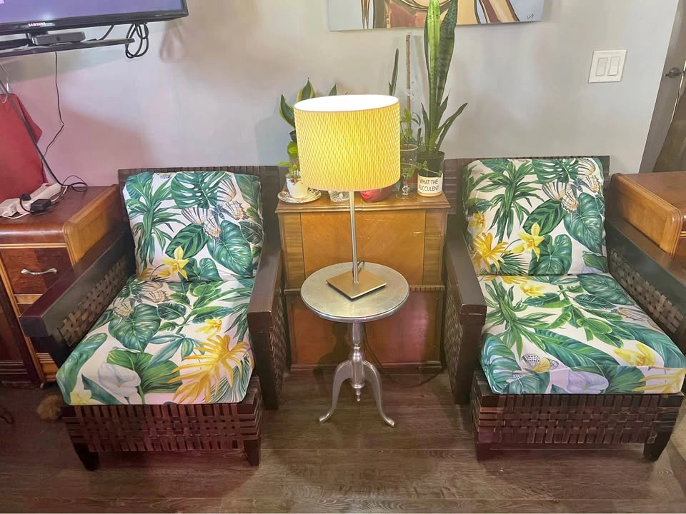 Vintage 1990s Solid Wood & Woven Leather Strap Armchairs (Pair)