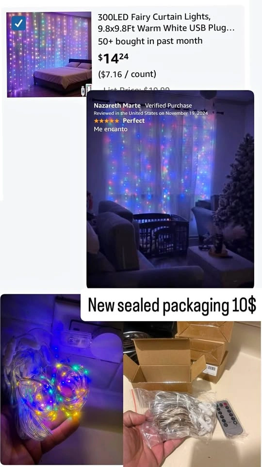 300LED Fairy Curtain Lights 9.8x9.8Ft Warm White USB