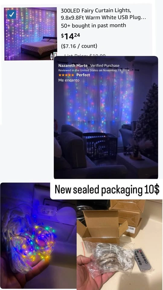 300LED Fairy Curtain Lights 9.8x9.8Ft Warm White USB - photo 2