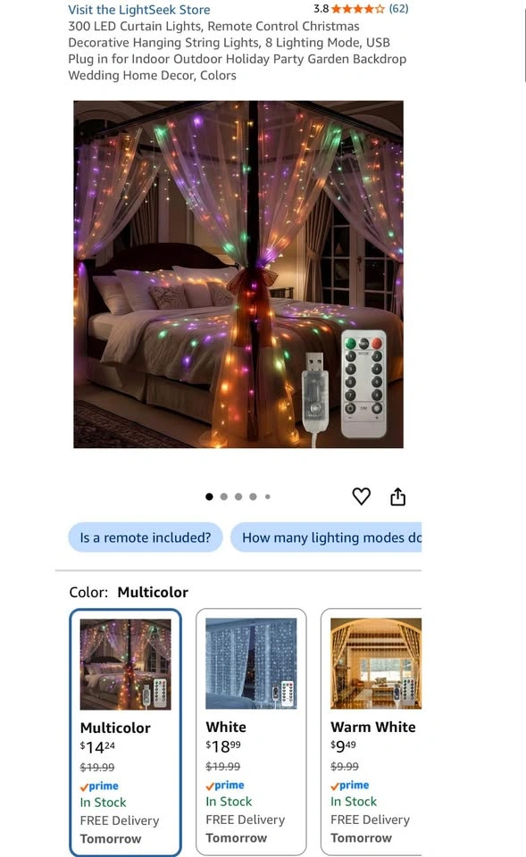 300LED Fairy Curtain Lights 9.8x9.8Ft Warm White USB - photo 5