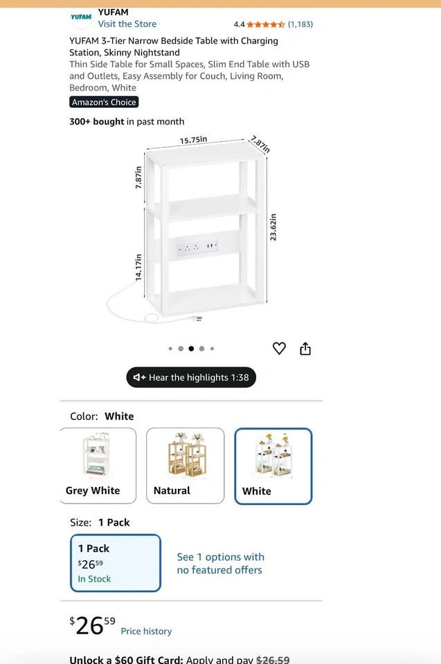 3-Tier Narrow Bedside Table with Charging Station - photo 4