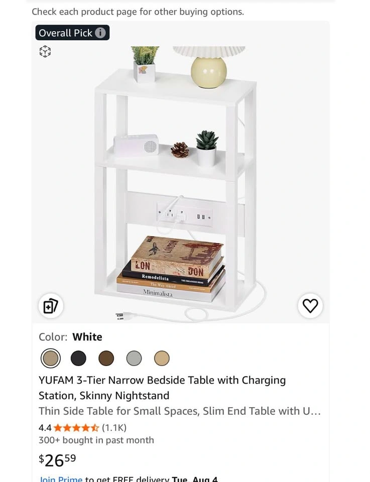 3-Tier Narrow Bedside Table with Charging Station - photo 5