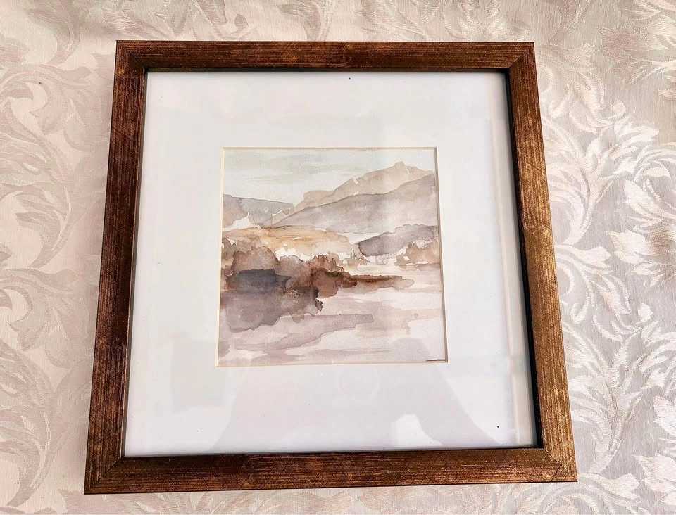 Framed Mountain Landscape Watercolor Painting