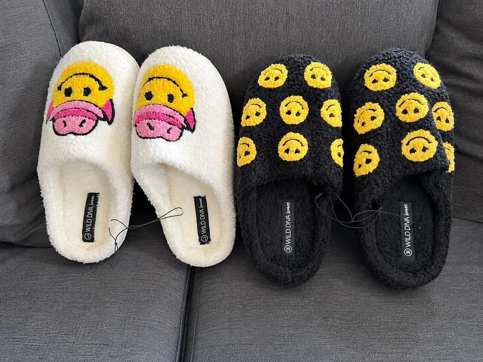 White and black Wild Diva Smiley Face Slippers