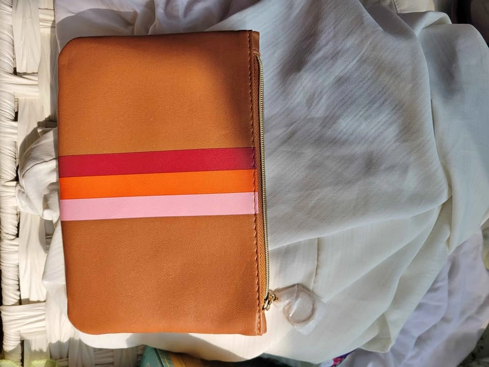 Brown Striped Faux Leather Zipper Pouch