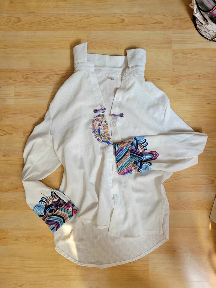 White Embroidered Button-Down Shirt with Frog Closures