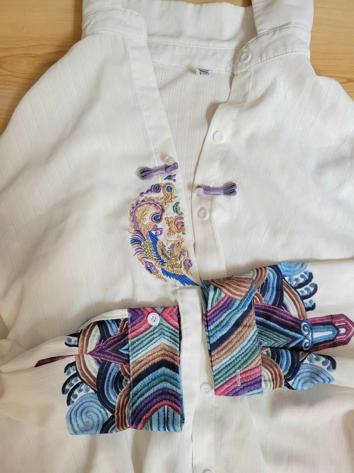 White Embroidered Button-Down Shirt with Frog Closures - photo 2
