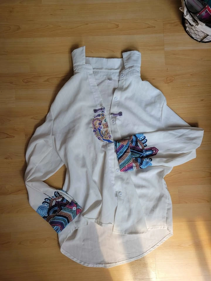 White Embroidered Button-Down Shirt with Frog Closures - photo 3