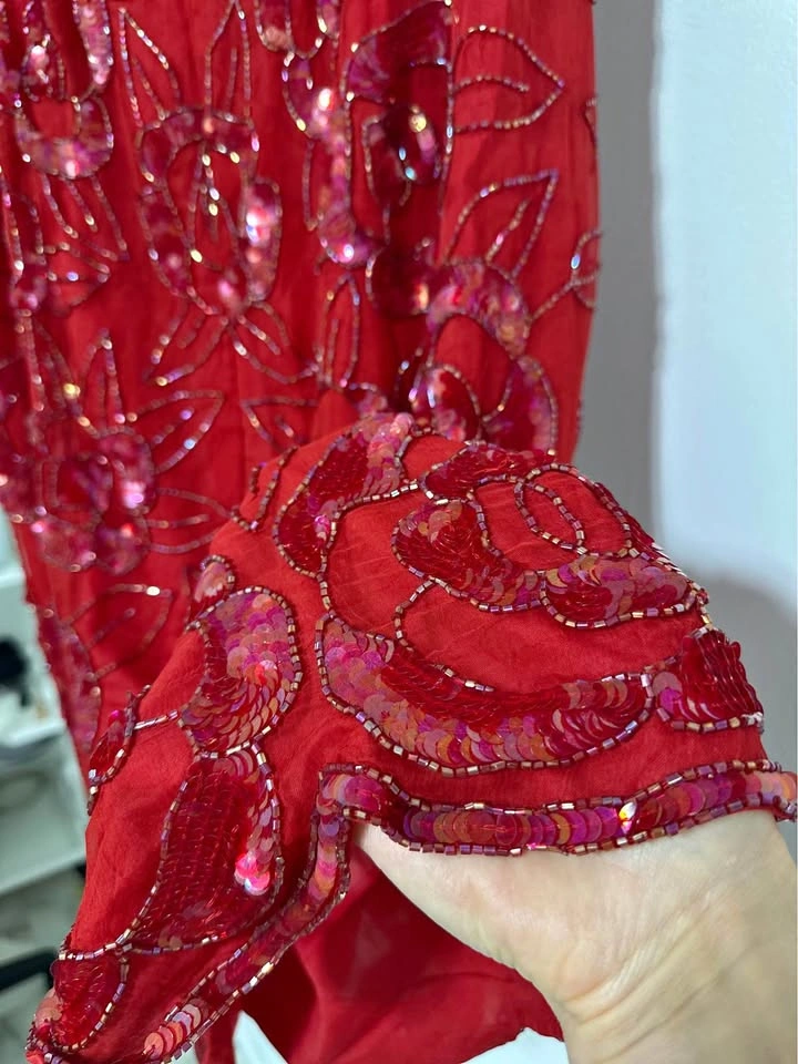 Red Silk Beaded Sequin Rose Skirt — Size XL
