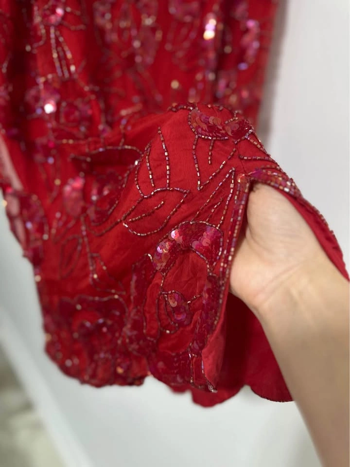Red Silk Beaded Sequin Rose Skirt — Size XL - photo 3