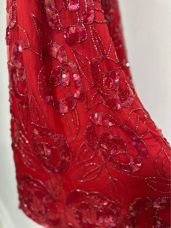 Red Silk Beaded Sequin Rose Skirt — Size XL - photo 4