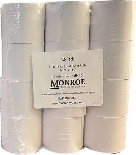 1-Ply 15 lb. Bond Paper Rolls 2-1/4" x 150’, 24 Rolls Total