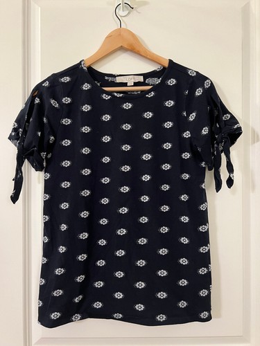 LOFT Navy Patterned Sweater - Short Sleeves with Ties - Size XS