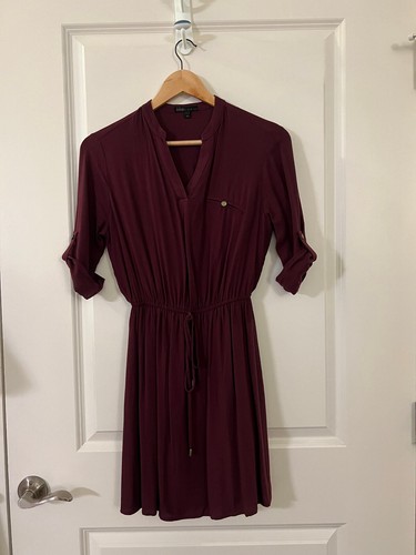 Bebop Casual Burgundy Dress, Elastic Cinched Waist, Half Sleeve,