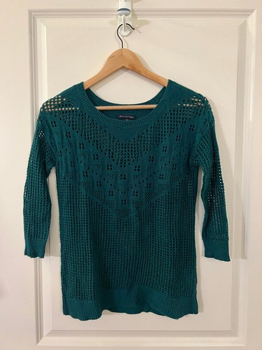 American Eagle Green Open Knit Sweater 3/4 Sleeve - Size XS