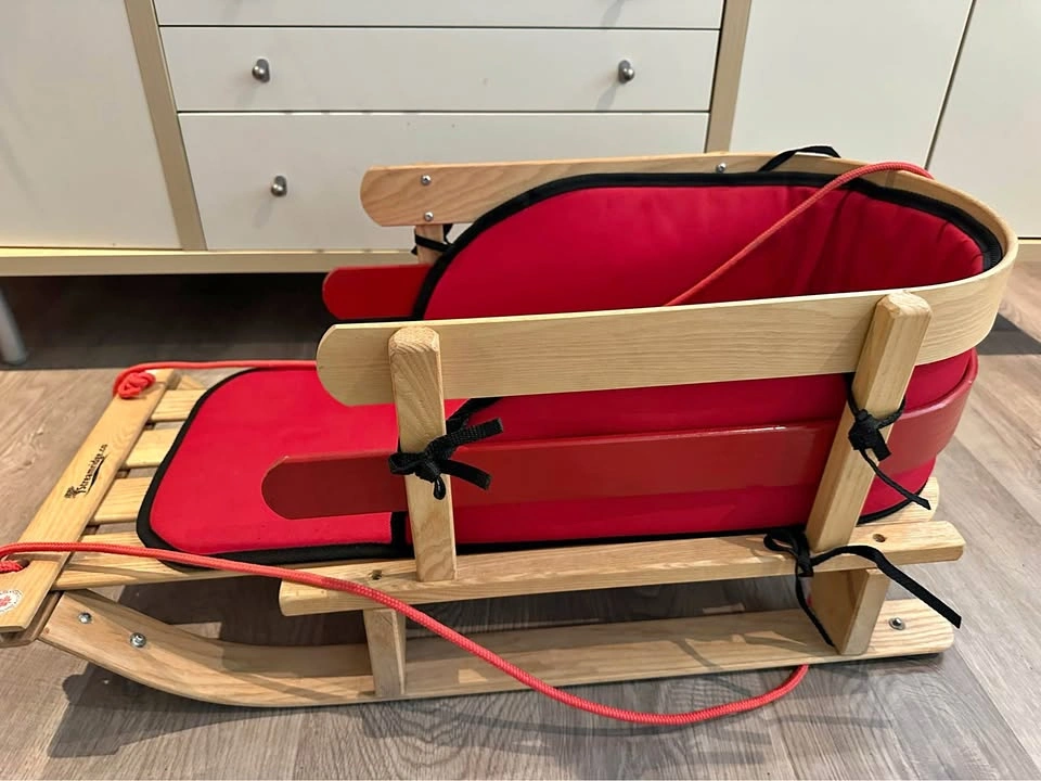 Streamridge Wooden Baby Pull Sled with Red Cushion