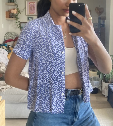 Everlane Floral Silk Blue and White Top