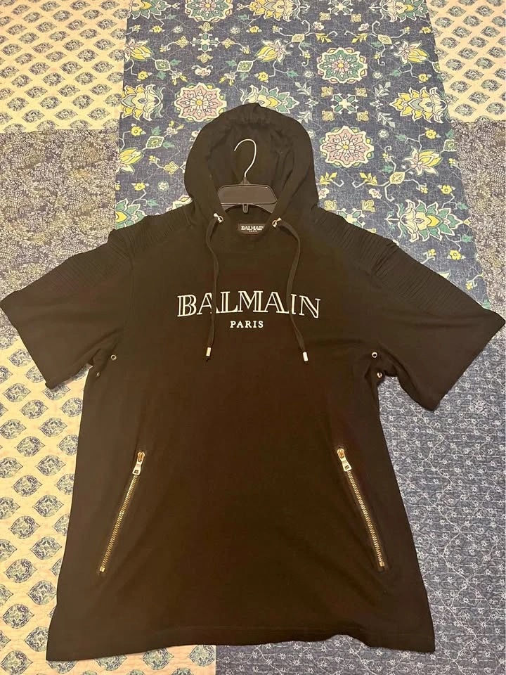 Balmain Paris "Biker Style" Short-Sleeve Pullover Hoodie