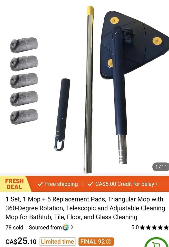 1 Set, 1 Mop + 5 Replacement Pads, Triangular Mop