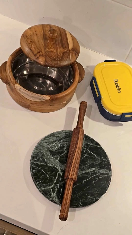 Wooden Casserole, Marble Chakla Belan, and Dubblin Lunch Box