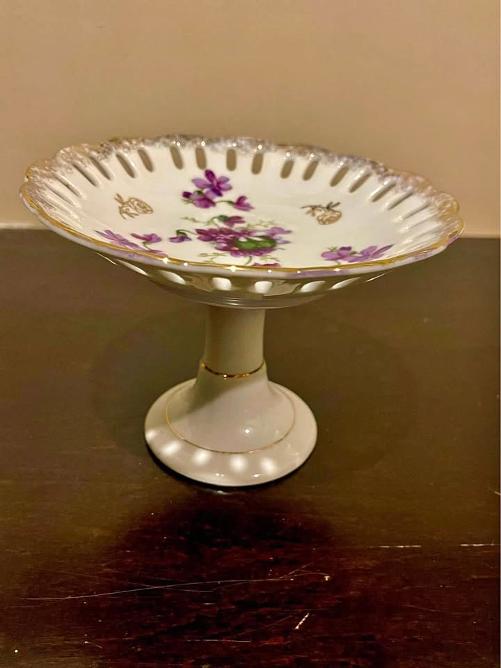 Vintage Porcelain Pedestal Compote Candy Dish w/ Violets and Ret