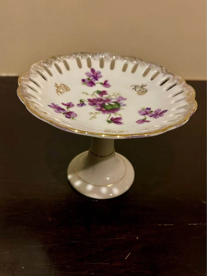 Vintage Porcelain Pedestal Compote Candy Dish w/ Violets and Ret - photo 4