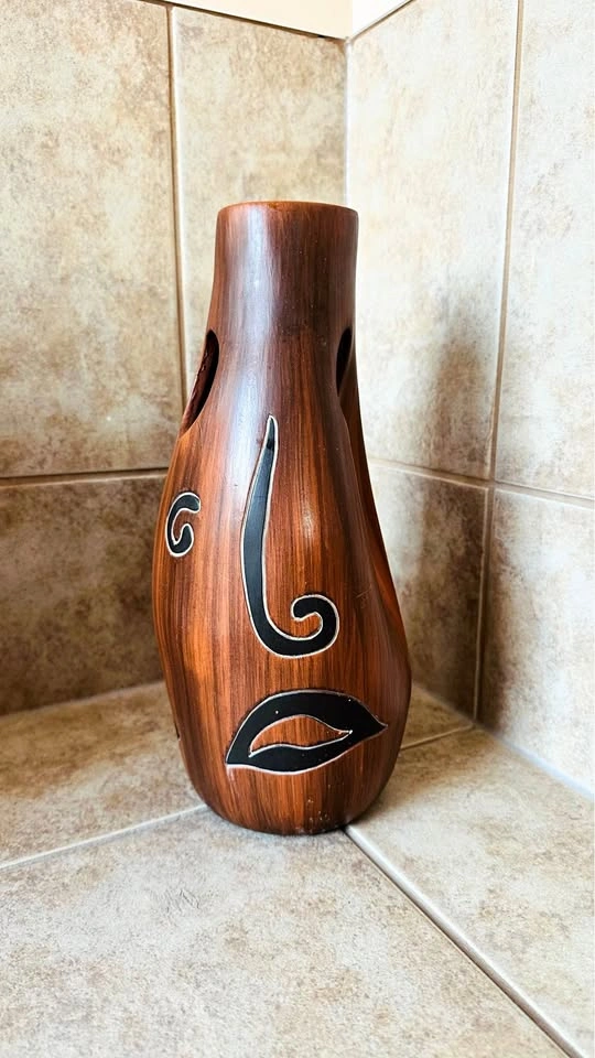 Vintage Hand-Carved Ceramic Abstract Face Vase – Signed "Armando