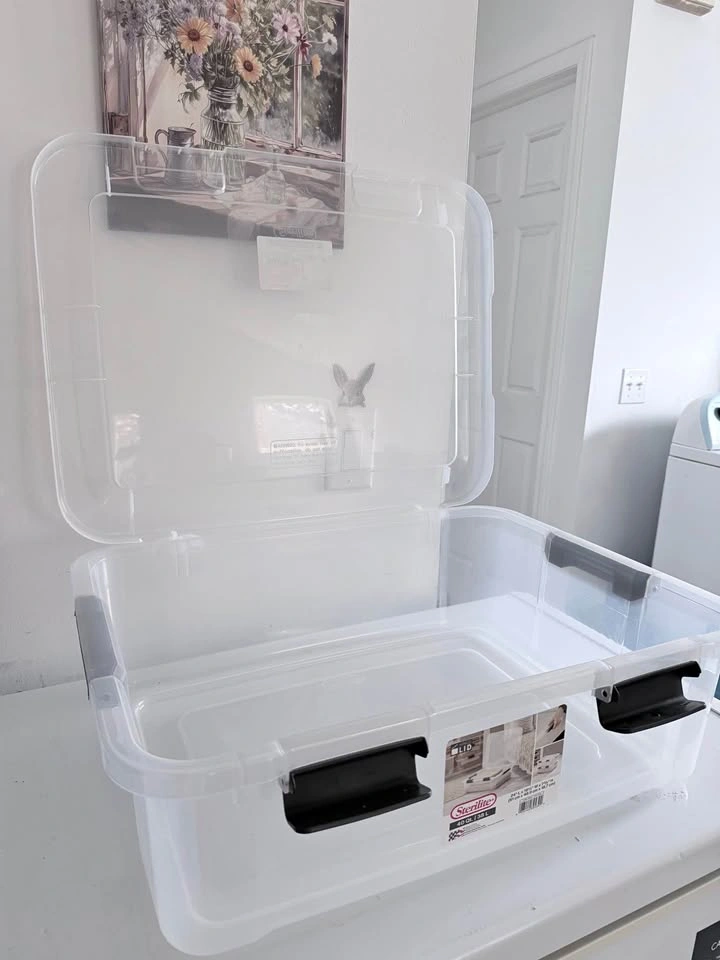 Sterilite storage box with hinge lid