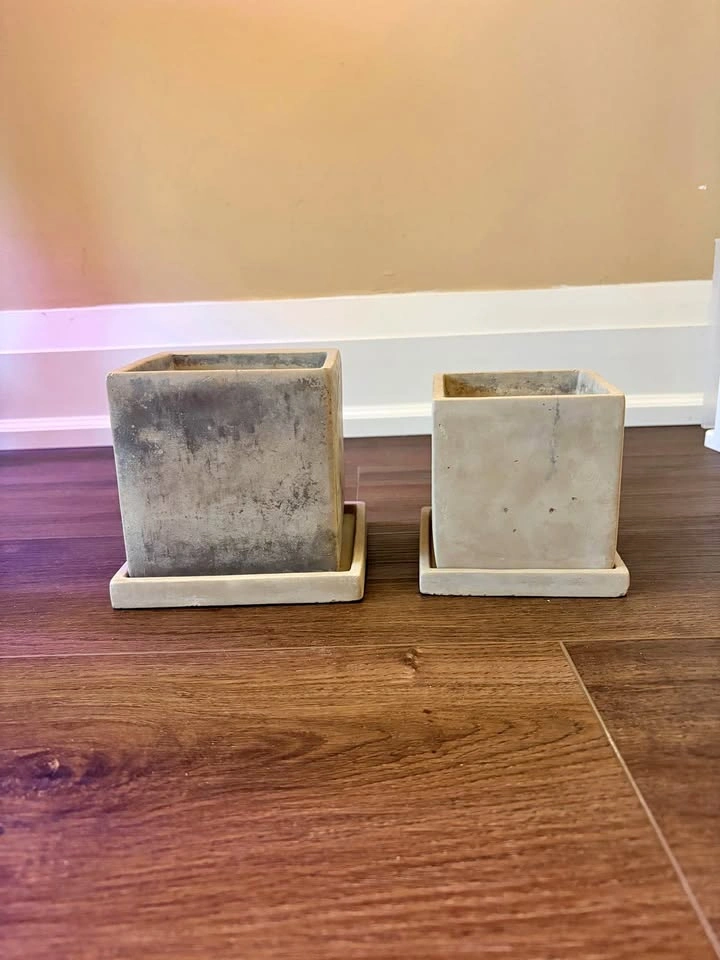 Set of 2 Square Concrete Planters with Saucers
