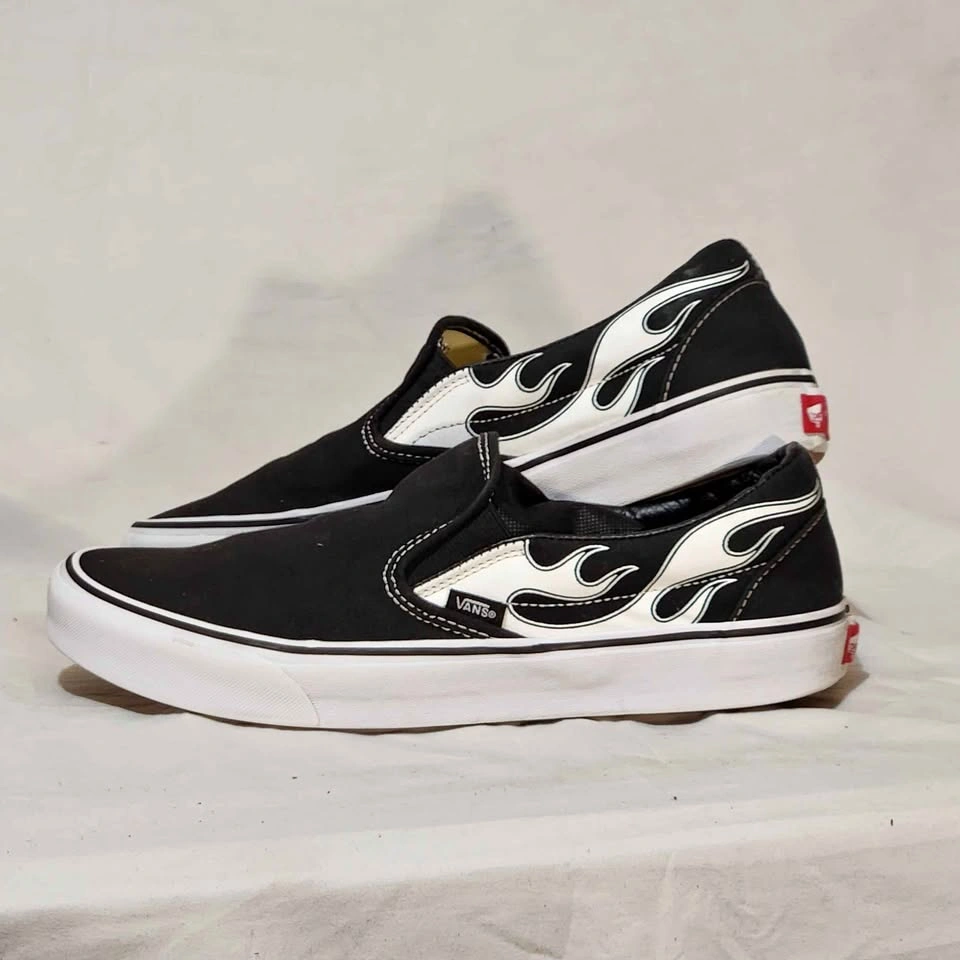 Vans Classic Slip-On Black & White Flame Shoes - Men’s Size 10.5