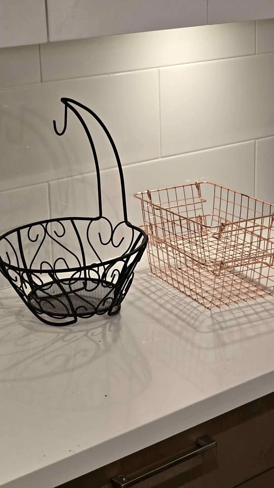 Wire Fruit Basket with Banana Hanger and Rose Gold Baskets