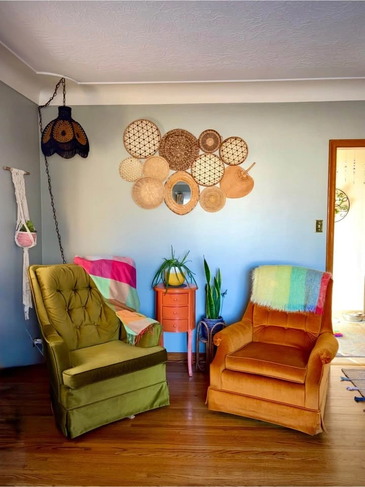 Green Velvet Chair & Antique Hanging Light - photo 2