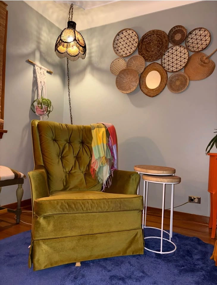 Green Velvet Chair & Antique Hanging Light - photo 3