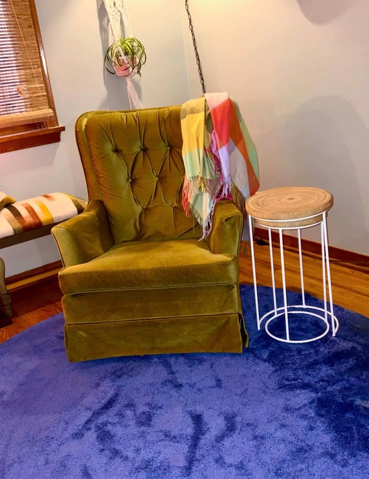 Green Velvet Chair & Antique Hanging Light - photo 5