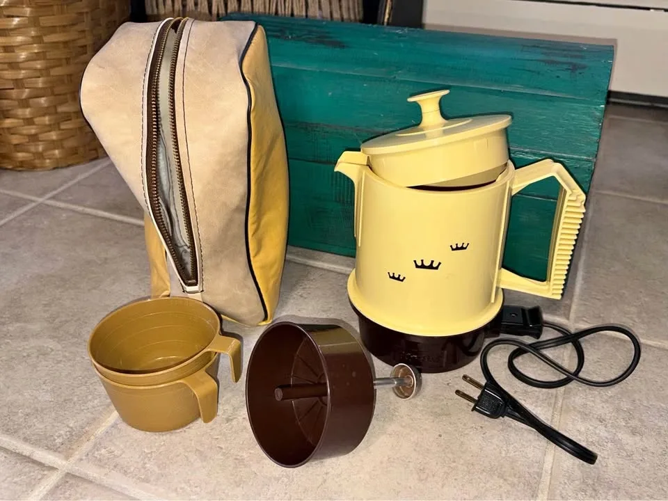 Antique Percolator Coffee Maker with Leather Carrying Case