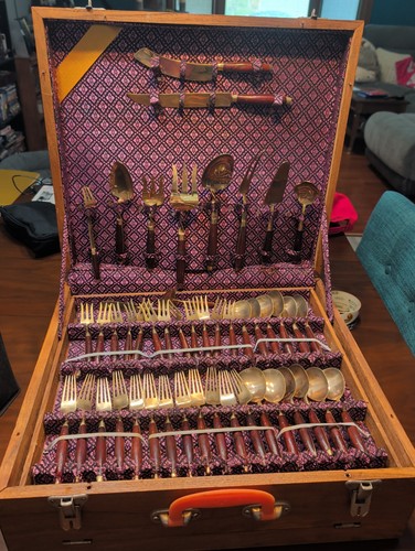Vintage Thai Bronze and Teak Wood Flatware Set