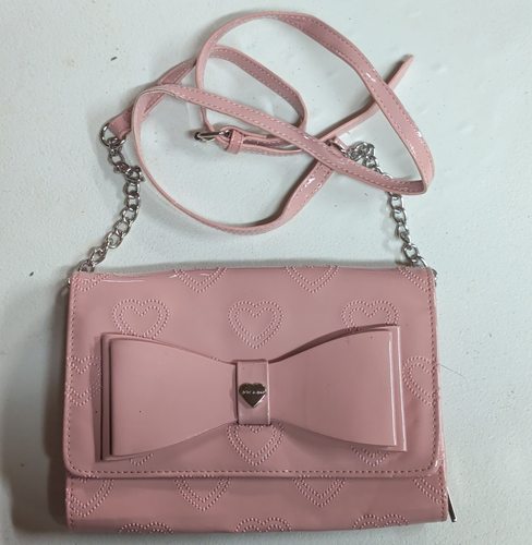 Betsey Johnson Pink Heart Embossed Bow Chain Wristlet Wallet