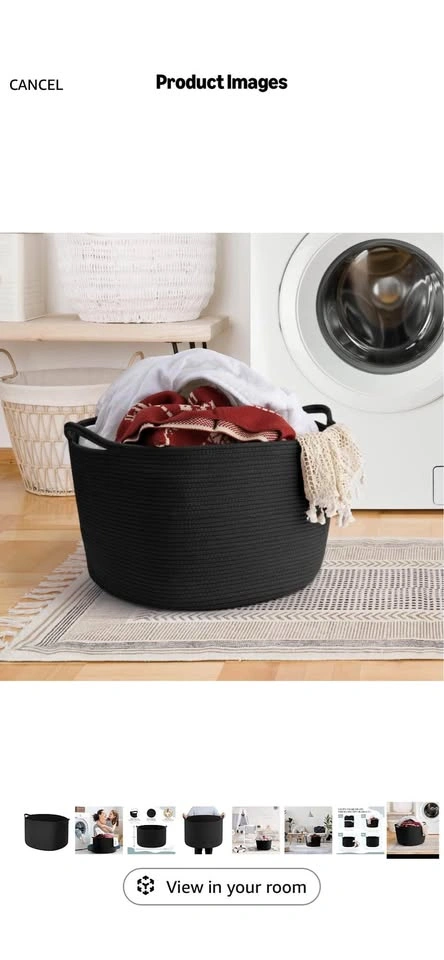 Large Woven Fabric Storage Basket with Handles. Black, EUC.