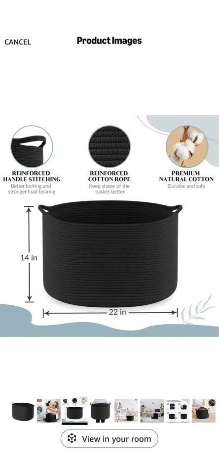 Large Woven Fabric Storage Basket with Handles. Black, EUC. - photo 3